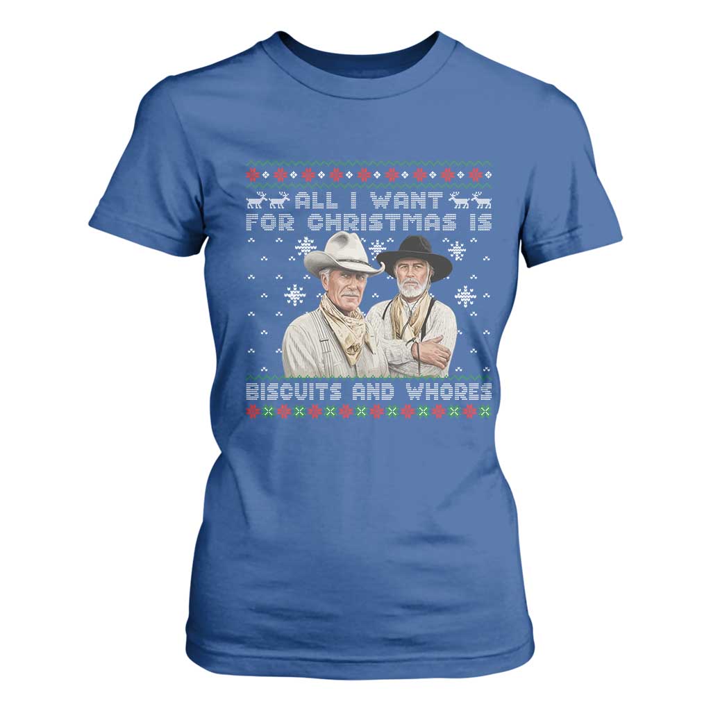 Funny Western Christmas Cowboy Humor T Shirt For Women All I Want for Christmas Is Biscuits and Whores TS02 Royal Blue Print Your Wear