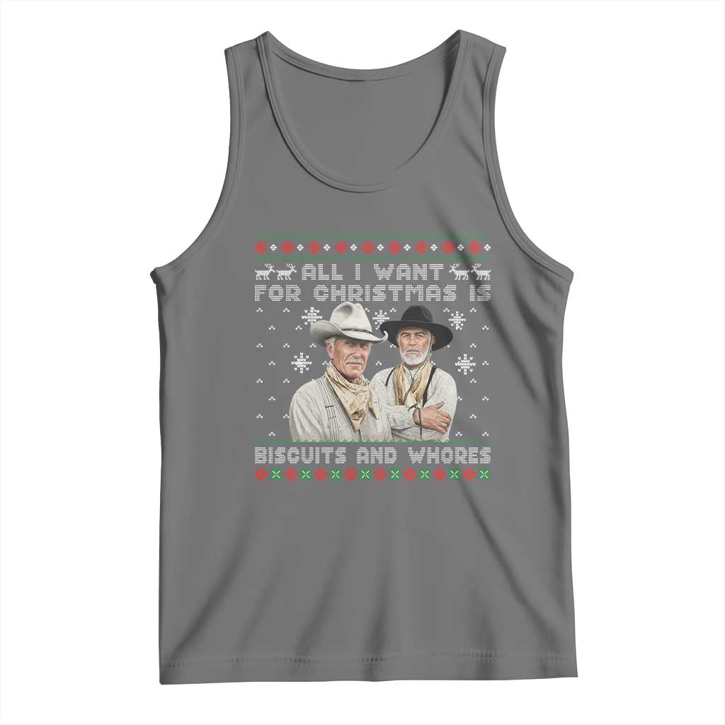 Funny Western Christmas Cowboy Humor Tank Top All I Want for Christmas Is Biscuits and Whores TS02 Black Heather Print Your Wear
