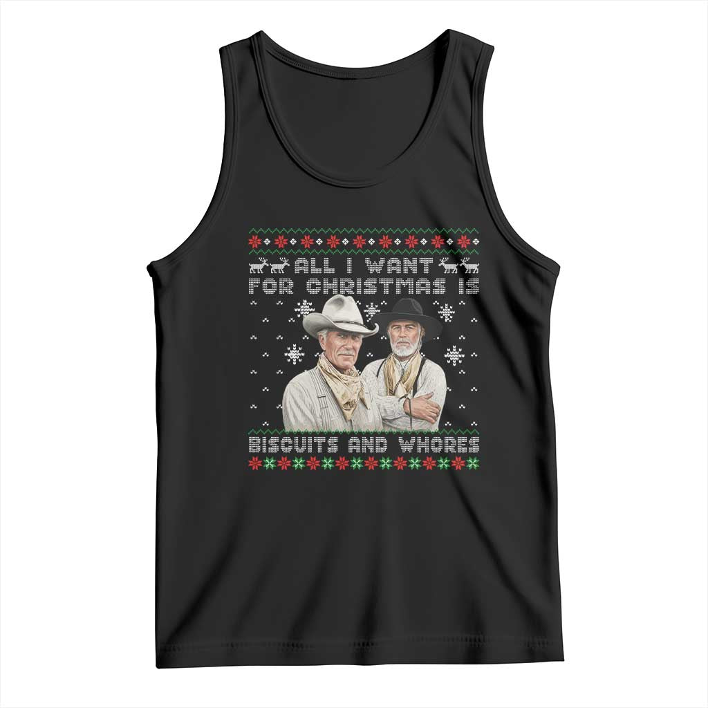 Funny Western Christmas Cowboy Humor Tank Top All I Want for Christmas Is Biscuits and Whores TS02 Black Print Your Wear