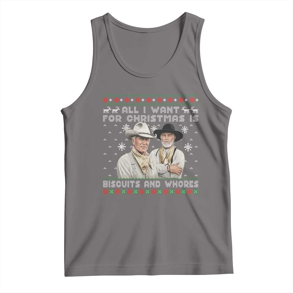 Funny Western Christmas Cowboy Humor Tank Top All I Want for Christmas Is Biscuits and Whores TS02 Deep Heather Print Your Wear