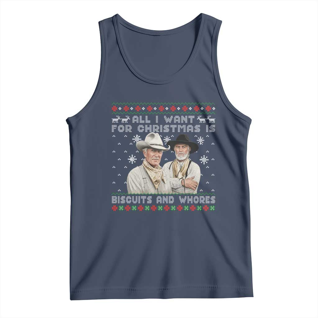 Funny Western Christmas Cowboy Humor Tank Top All I Want for Christmas Is Biscuits and Whores TS02 Navy Print Your Wear
