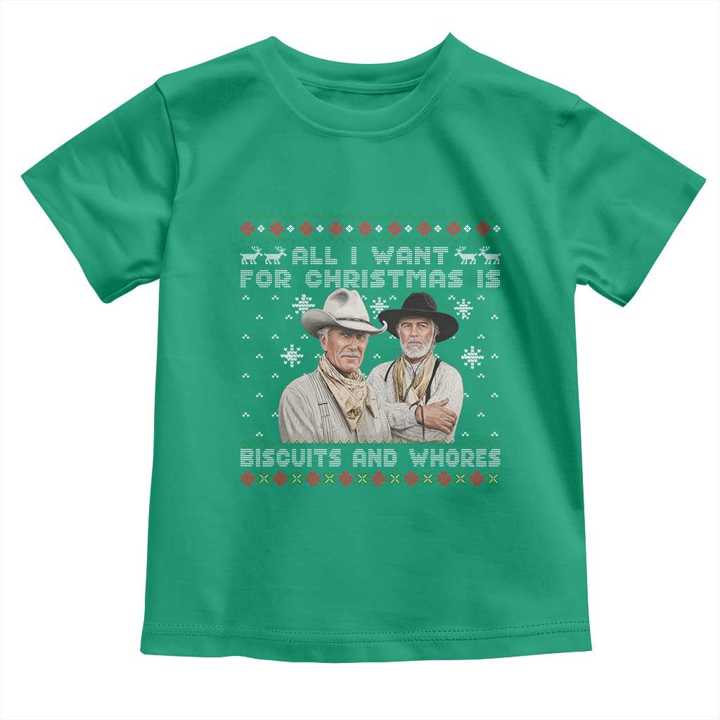 Funny Western Christmas Cowboy Humor Toddler T Shirt All I Want for Christmas Is Biscuits and Whores TS02 Irish Green Print Your Wear
