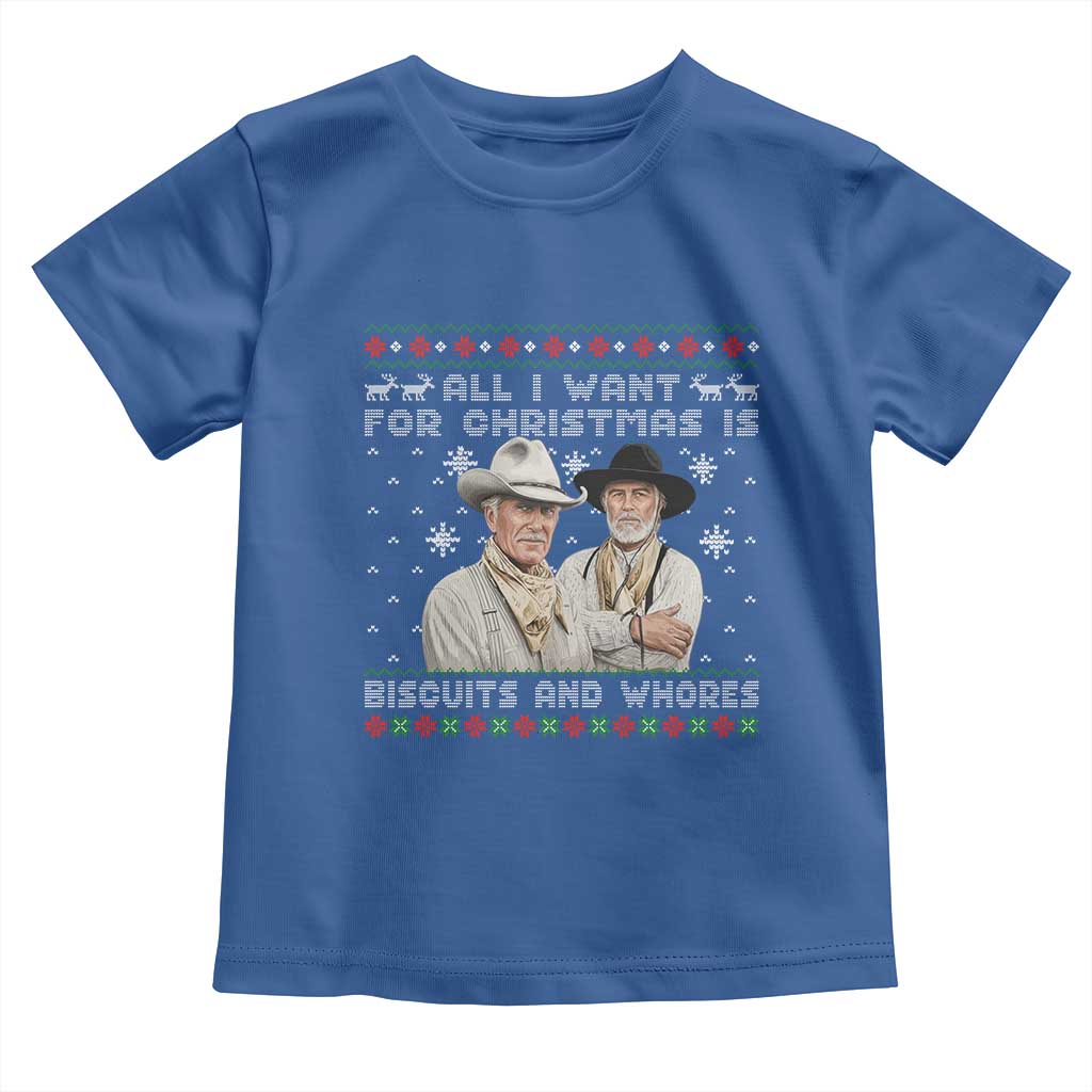 Funny Western Christmas Cowboy Humor Toddler T Shirt All I Want for Christmas Is Biscuits and Whores TS02 Royal Blue Print Your Wear