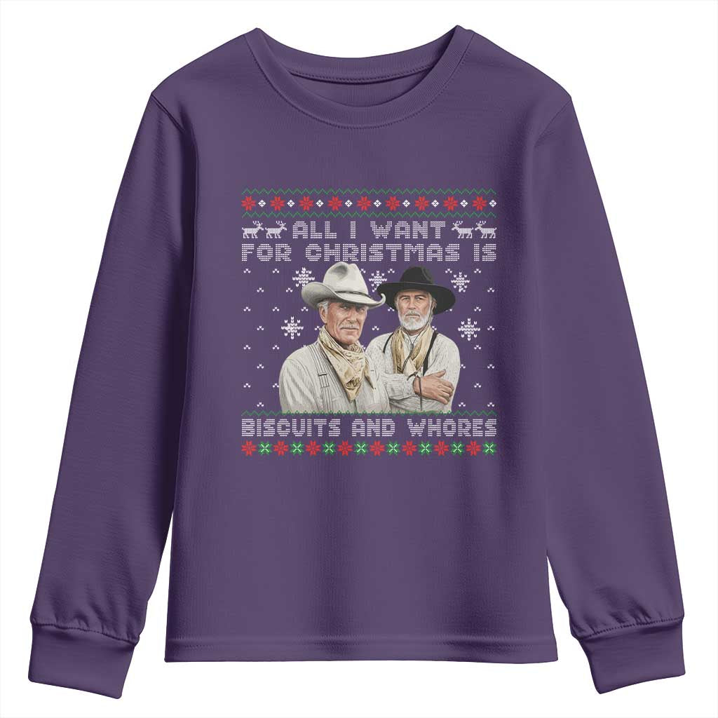 Funny Western Christmas Cowboy Humor Youth Sweatshirt All I Want for Christmas Is Biscuits and Whores TS02 Purple Print Your Wear
