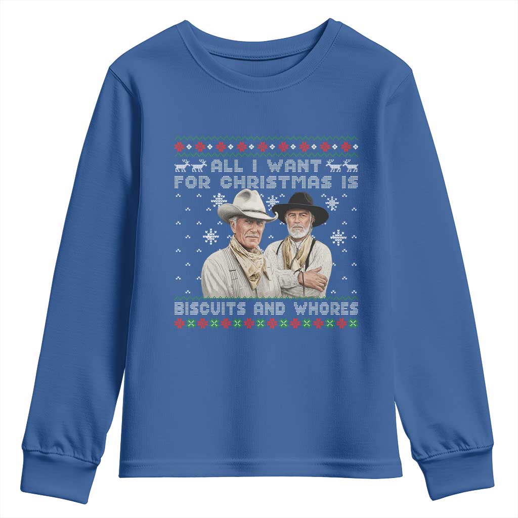 Funny Western Christmas Cowboy Humor Youth Sweatshirt All I Want for Christmas Is Biscuits and Whores TS02 Royal Blue Print Your Wear