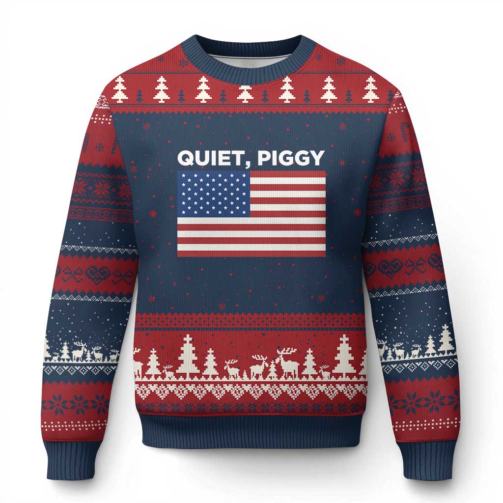 Quiet Piggy Patriotic Meme Ugly Christmas Sweater Satirical USA Flag Free Speech TS02 Navy Red Print Your Wear