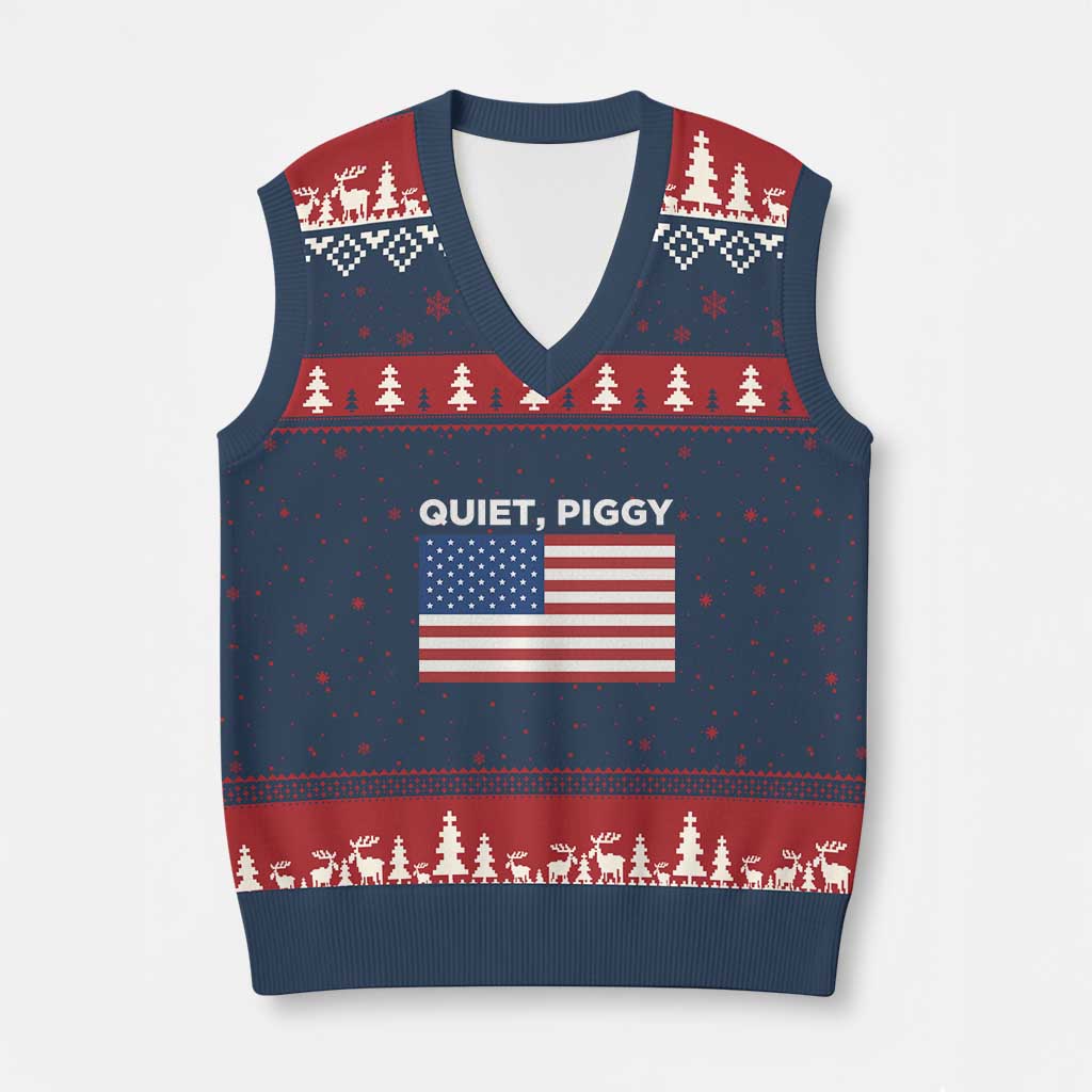 Quiet Piggy Patriotic Meme V-Neck Knit Sweater Vest Satirical USA Flag Free Speech TS02 Navy Red Print Your Wear