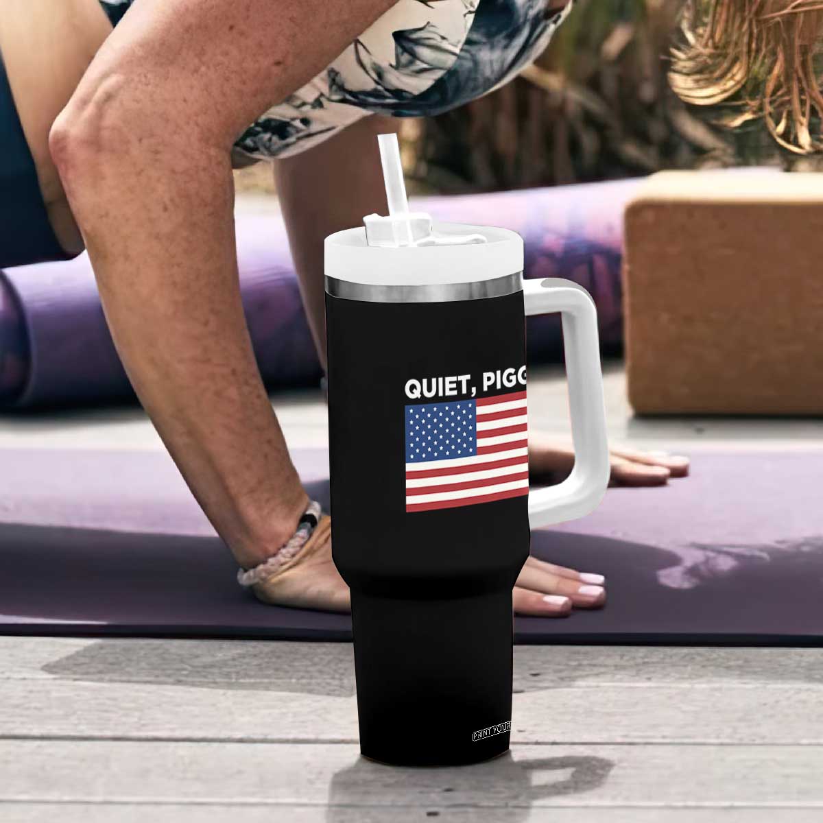 Quiet Piggy Patriotic Meme Tumbler With Handle Satirical USA Flag Free Speech TS02 Print Your Wear