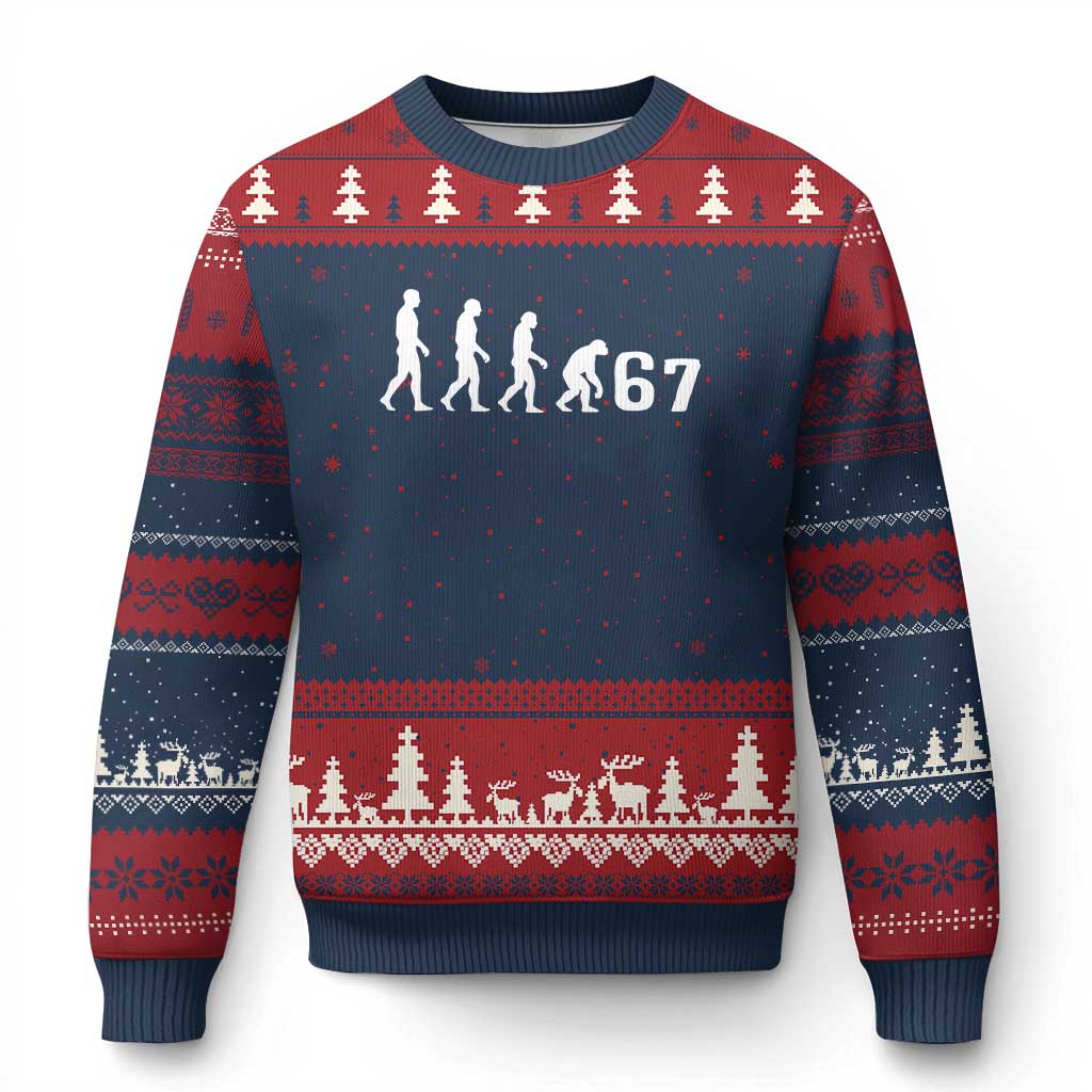 Funny 67 Reverse Evolution Ugly Christmas Sweater Sarcastic Six Seven Meme TS02 Navy Red Print Your Wear