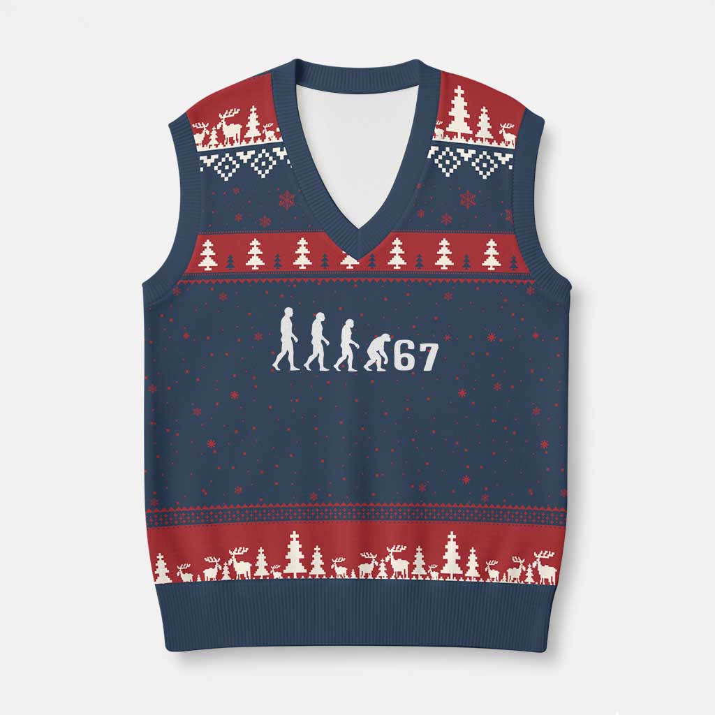 Funny 67 Reverse Evolution V-Neck Knit Sweater Vest Sarcastic Six Seven Meme TS02 Navy Red Print Your Wear