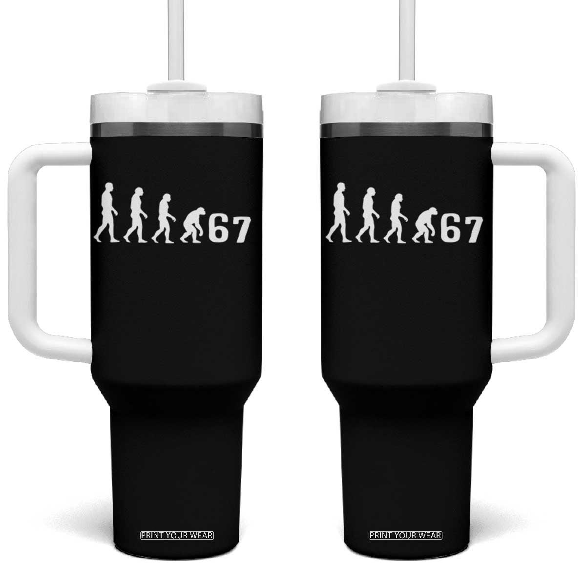 Funny 67 Reverse Evolution Tumbler With Handle Sarcastic Six Seven Meme TS02 One Size: 40 oz Black Print Your Wear