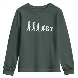 Funny 67 Reverse Evolution Youth Sweatshirt Sarcastic Six Seven Meme TS02 Dark Forest Green Print Your Wear