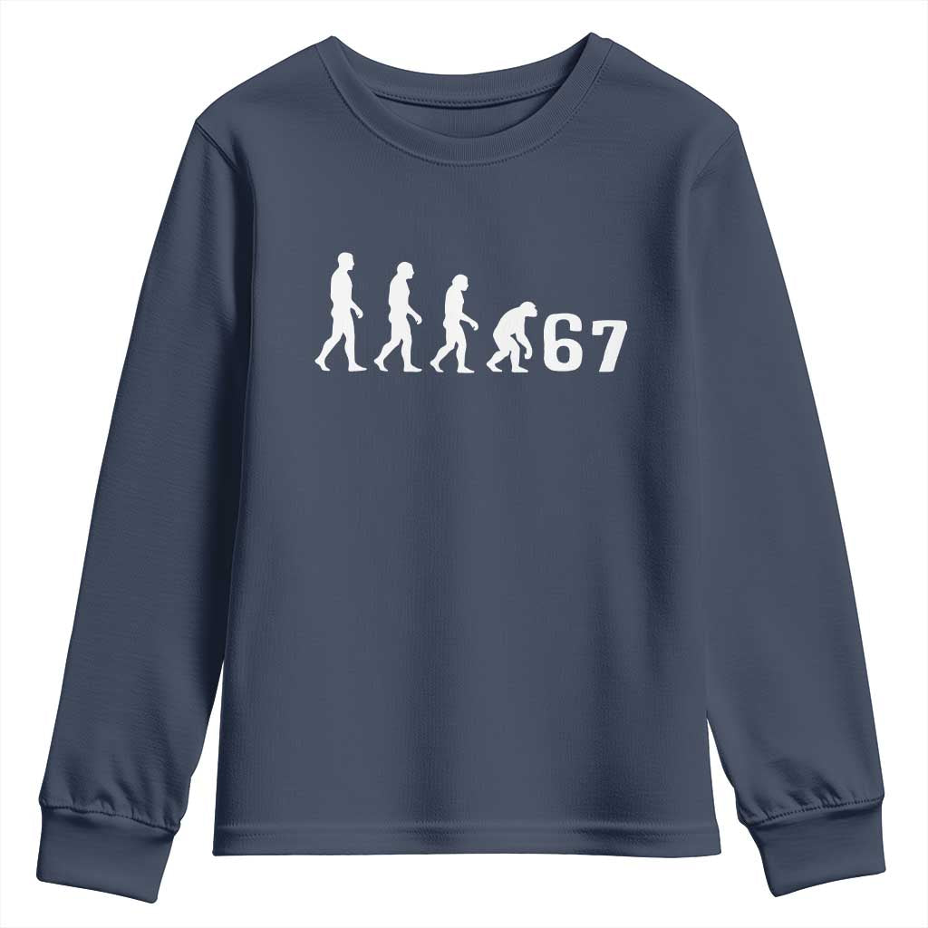 Funny 67 Reverse Evolution Youth Sweatshirt Sarcastic Six Seven Meme TS02 Navy Print Your Wear