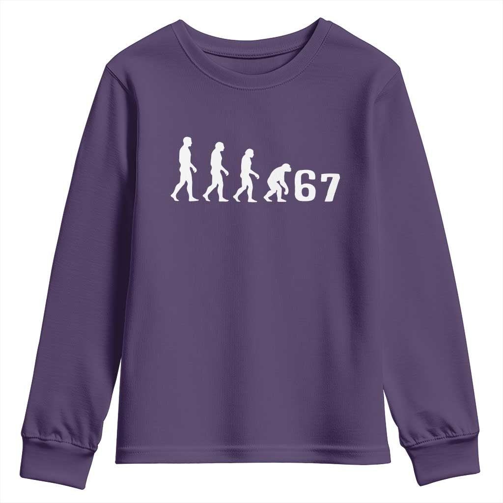 Funny 67 Reverse Evolution Youth Sweatshirt Sarcastic Six Seven Meme TS02 Purple Print Your Wear