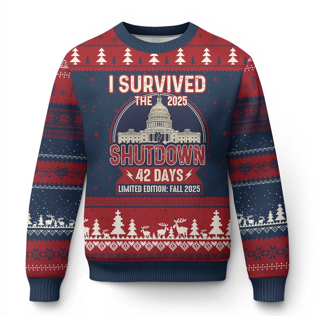 I Survived the 2025 Shutdown Ugly Christmas Sweater Funny Government Closure Parody Political Humor TS02 Navy Red Print Your Wear