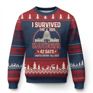 I Survived the 2025 Shutdown Ugly Christmas Sweater Funny Government Closure Parody Political Humor TS02 Navy Red Print Your Wear