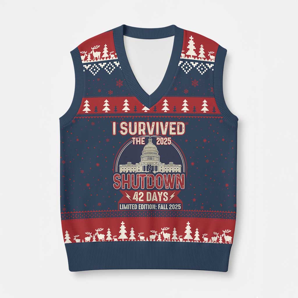 I Survived the 2025 Shutdown V-Neck Knit Sweater Vest Funny Government Closure Parody Political Humor TS02 Navy Red Print Your Wear