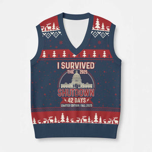 I Survived the 2025 Shutdown V-Neck Knit Sweater Vest Funny Government Closure Parody Political Humor TS02 Navy Red Print Your Wear