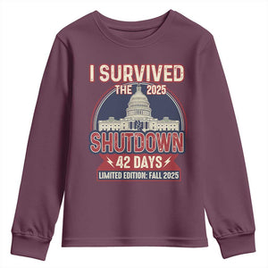 I Survived the 2025 Shutdown Youth Sweatshirt Funny Government Closure Parody Political Humor TS02 Maroon Print Your Wear