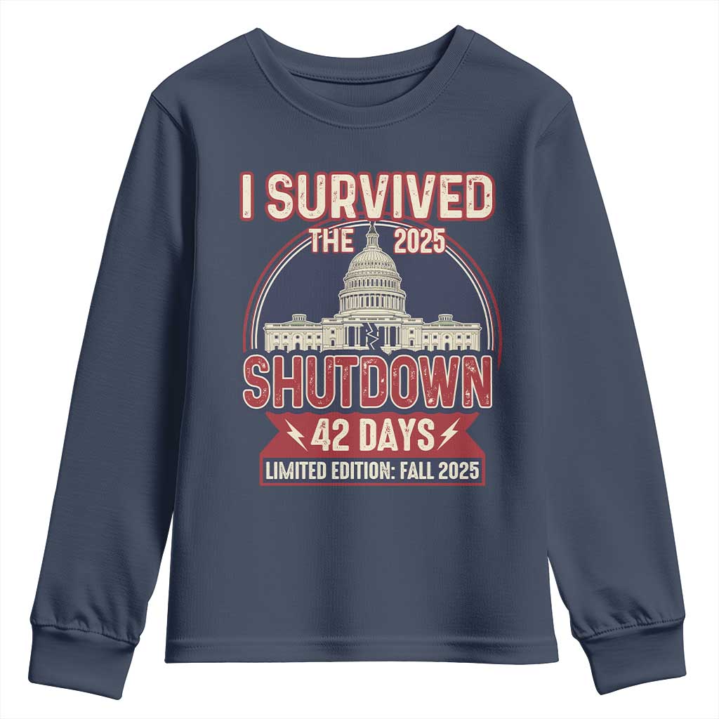 I Survived the 2025 Shutdown Youth Sweatshirt Funny Government Closure Parody Political Humor TS02 Navy Print Your Wear