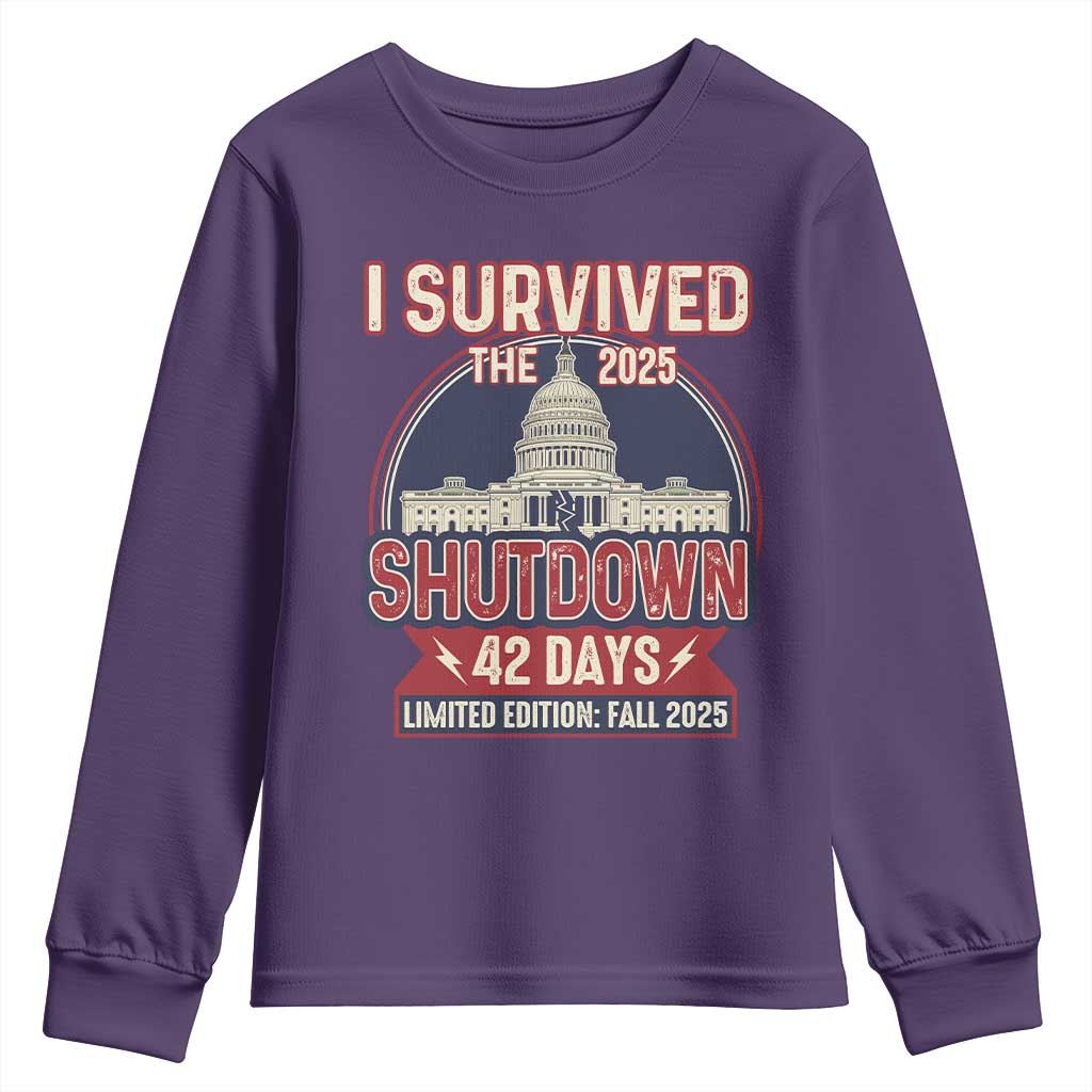 I Survived the 2025 Shutdown Youth Sweatshirt Funny Government Closure Parody Political Humor TS02 Purple Print Your Wear