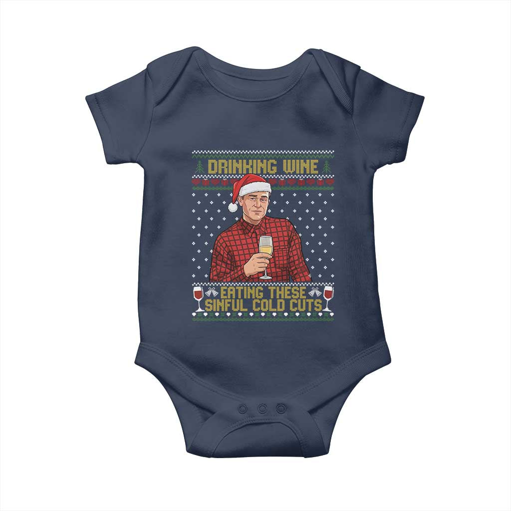 Funny Ed Gein Christmas Meme Baby Onesie Drinking Wine Eating This Sinful Cold Cuts Viral Scene Naughty Holiday TS02 Navy Print Your Wear