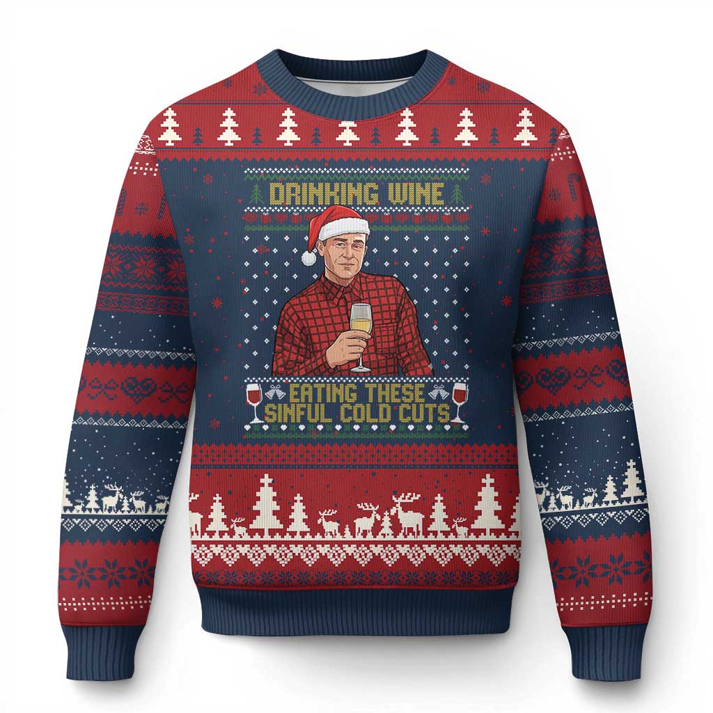 Funny Ed Gein Christmas Meme Ugly Christmas Sweater Drinking Wine Eating This Sinful Cold Cuts Viral Scene Naughty Holiday TS02 Navy Red Print Your Wear