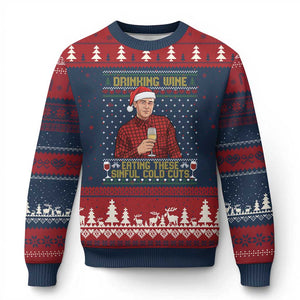Funny Ed Gein Christmas Meme Ugly Christmas Sweater Drinking Wine Eating This Sinful Cold Cuts Viral Scene Naughty Holiday TS02 Navy Red Print Your Wear