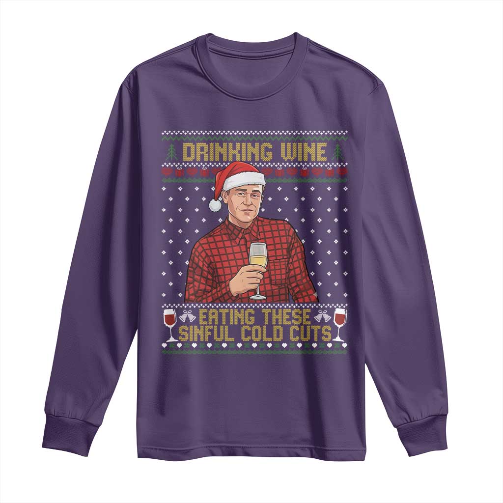 Funny Ed Gein Christmas Meme Long Sleeve Shirt Drinking Wine Eating This Sinful Cold Cuts Viral Scene Naughty Holiday TS02 Purple Print Your Wear