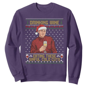 Funny Ed Gein Christmas Meme Sweatshirt Drinking Wine Eating This Sinful Cold Cuts Viral Scene Naughty Holiday TS02 Purple Print Your Wear