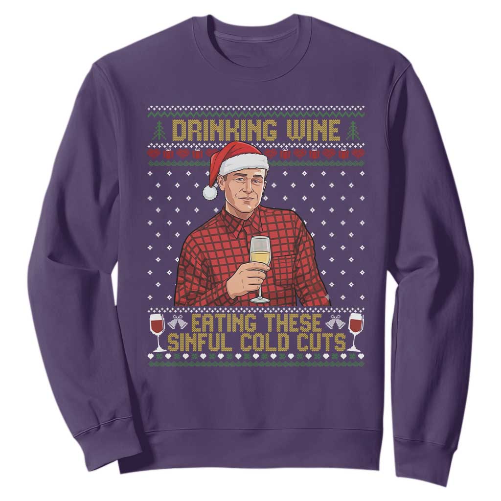 Funny Ed Gein Christmas Meme Sweatshirt Drinking Wine Eating This Sinful Cold Cuts Viral Scene Naughty Holiday TS02 Purple Print Your Wear
