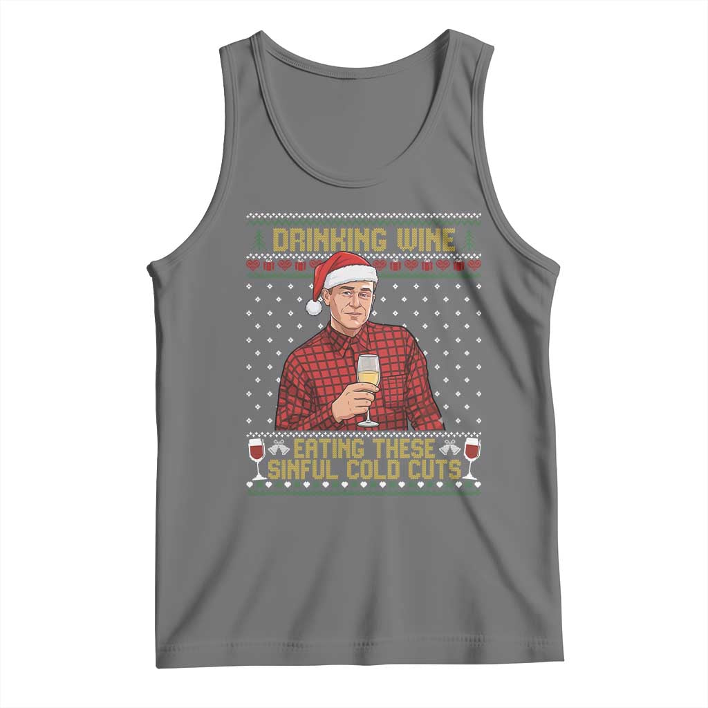 Funny Ed Gein Christmas Meme Tank Top Drinking Wine Eating This Sinful Cold Cuts Viral Scene Naughty Holiday TS02 Black Heather Print Your Wear