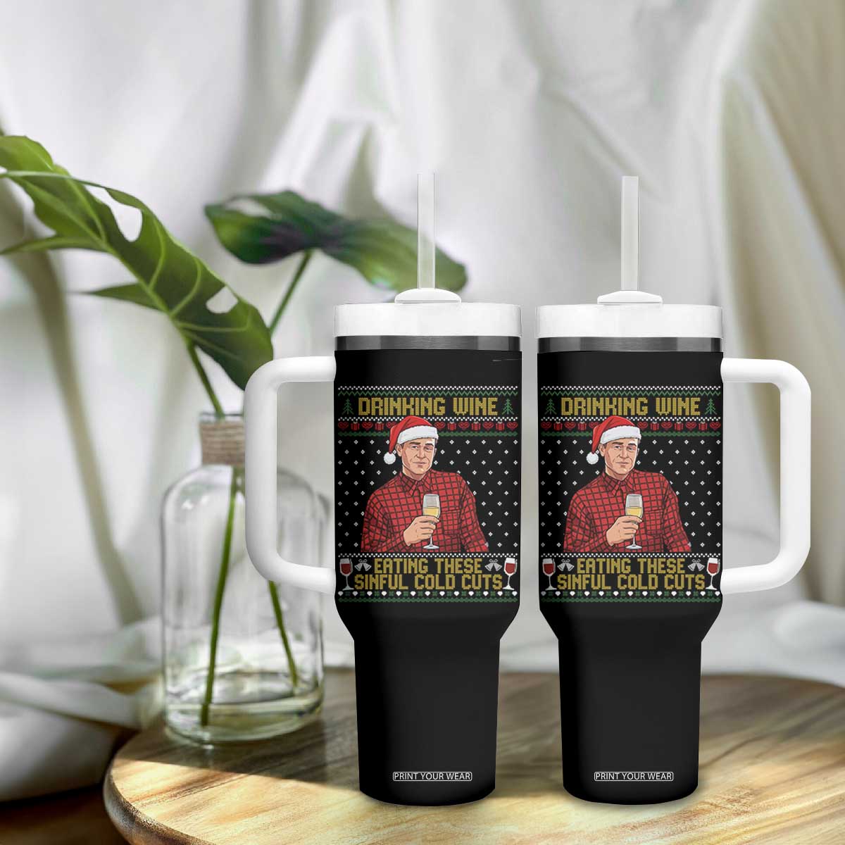 Funny Ed Gein Christmas Meme Tumbler With Handle Drinking Wine Eating This Sinful Cold Cuts Viral Scene Naughty Holiday TS02 Print Your Wear