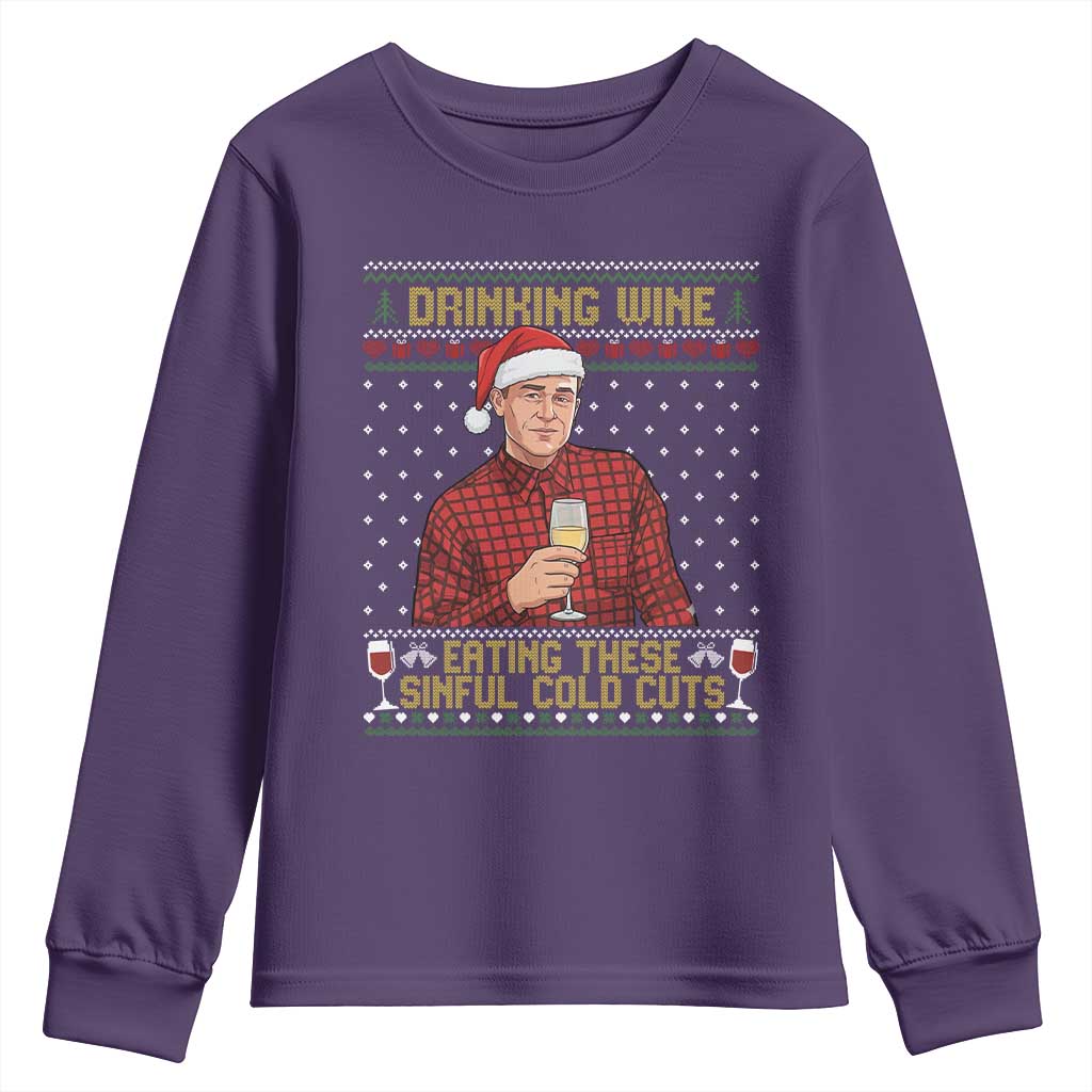 Funny Ed Gein Christmas Meme Youth Sweatshirt Drinking Wine Eating This Sinful Cold Cuts Viral Scene Naughty Holiday TS02 Purple Print Your Wear