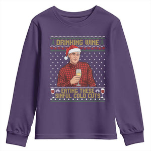 Funny Ed Gein Christmas Meme Youth Sweatshirt Drinking Wine Eating This Sinful Cold Cuts Viral Scene Naughty Holiday TS02 Purple Print Your Wear
