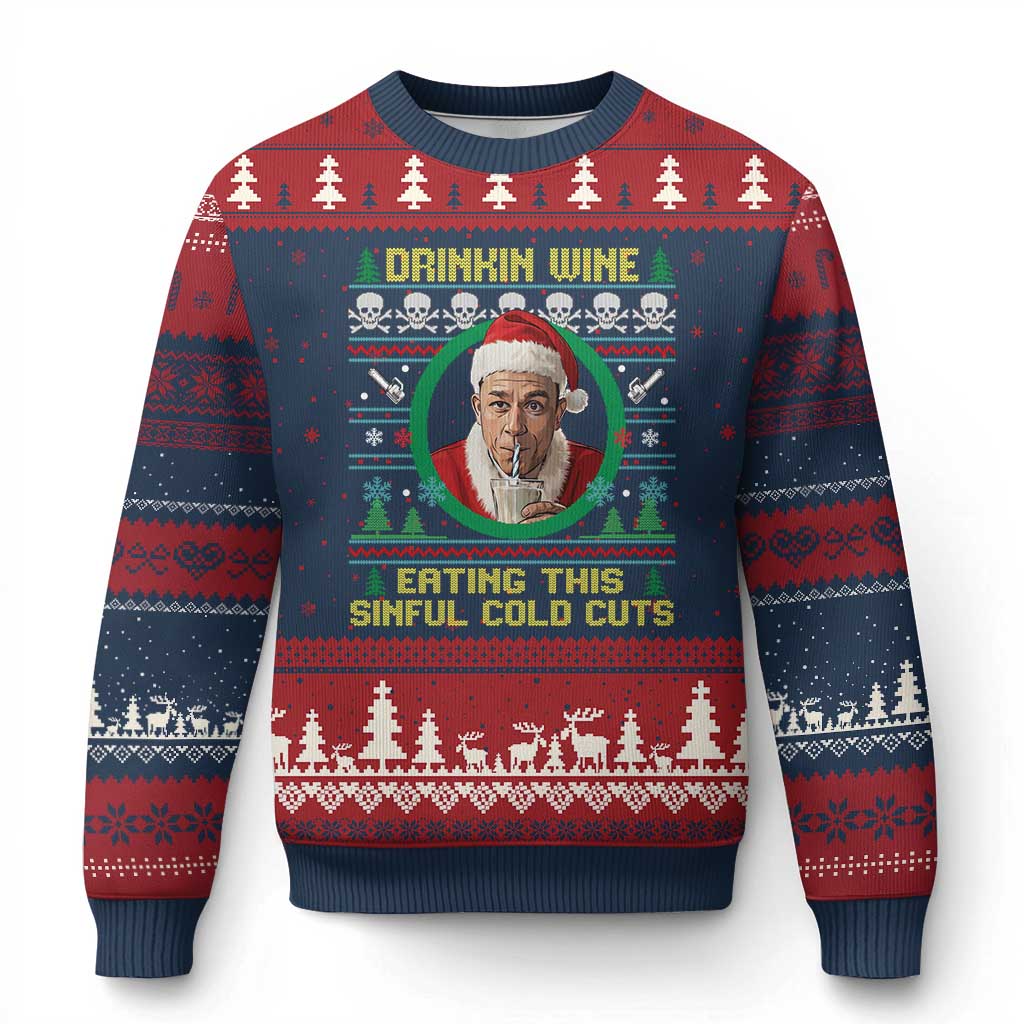 Funny Ed Gein Horror Christmas Meme Ugly Christmas Sweater Drinking Wine Eating This Sinful Cold Cuts Viral Scene TS02 Navy Red Print Your Wear