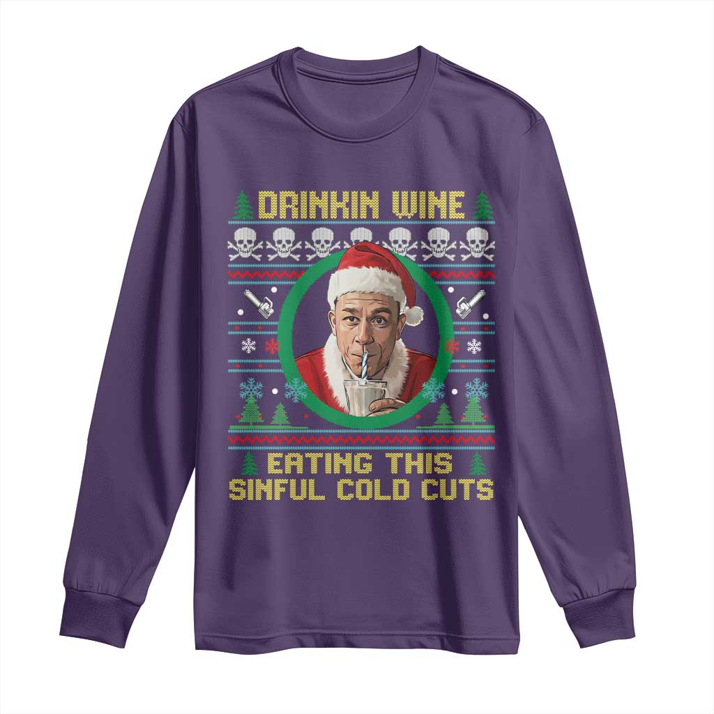 Funny Ed Gein Horror Christmas Meme Long Sleeve Shirt Drinking Wine Eating This Sinful Cold Cuts Viral Scene TS02 Purple Print Your Wear