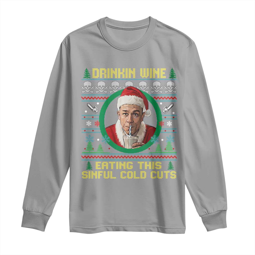 Funny Ed Gein Horror Christmas Meme Long Sleeve Shirt Drinking Wine Eating This Sinful Cold Cuts Viral Scene TS02 Sport Gray Print Your Wear