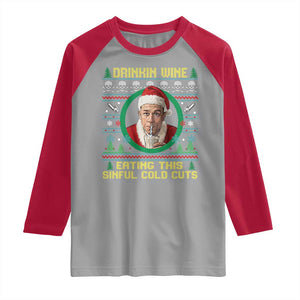 Funny Ed Gein Horror Christmas Meme Raglan Shirt Drinking Wine Eating This Sinful Cold Cuts Viral Scene TS02 Sport Gray Red Print Your Wear