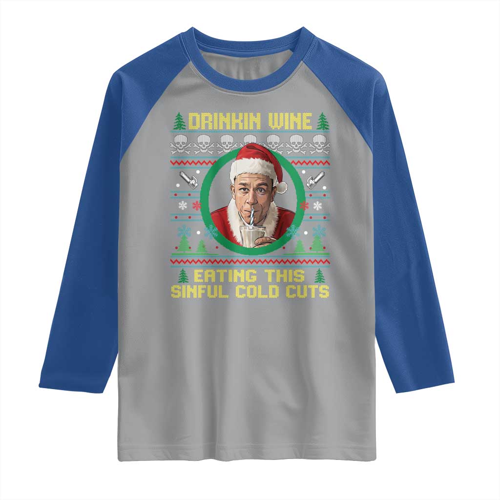 Funny Ed Gein Horror Christmas Meme Raglan Shirt Drinking Wine Eating This Sinful Cold Cuts Viral Scene TS02 Sport Gray Royal Print Your Wear