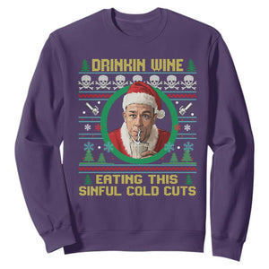 Funny Ed Gein Horror Christmas Meme Sweatshirt Drinking Wine Eating This Sinful Cold Cuts Viral Scene TS02 Purple Print Your Wear