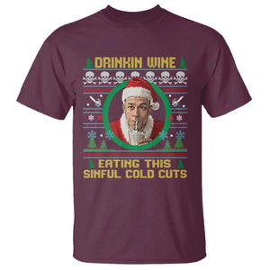Funny Ed Gein Horror Christmas Meme T Shirt Drinking Wine Eating This Sinful Cold Cuts Viral Scene TS02 Maroon Print Your Wear