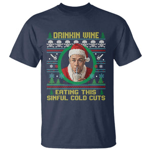 Funny Ed Gein Horror Christmas Meme T Shirt Drinking Wine Eating This Sinful Cold Cuts Viral Scene TS02 Navy Print Your Wear