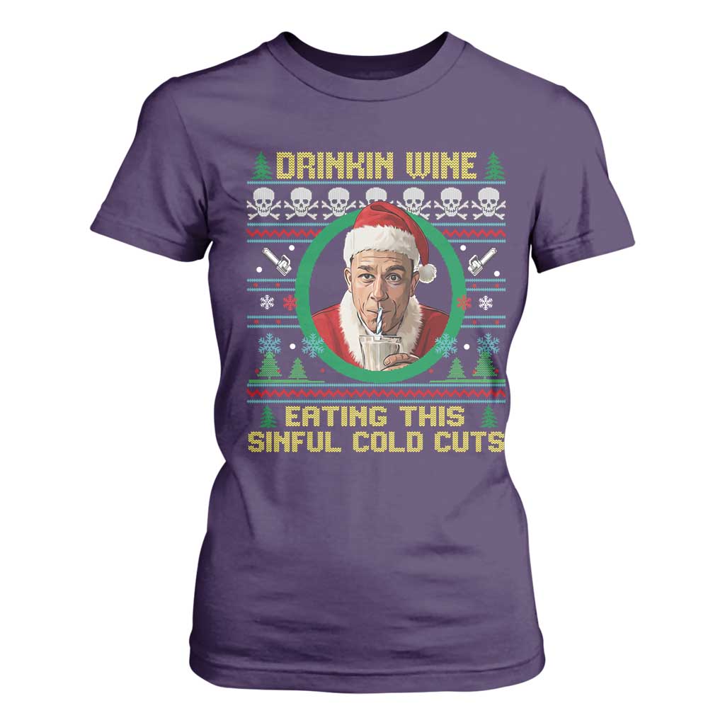 Funny Ed Gein Horror Christmas Meme T Shirt For Women Drinking Wine Eating This Sinful Cold Cuts Viral Scene - Print Your Wear