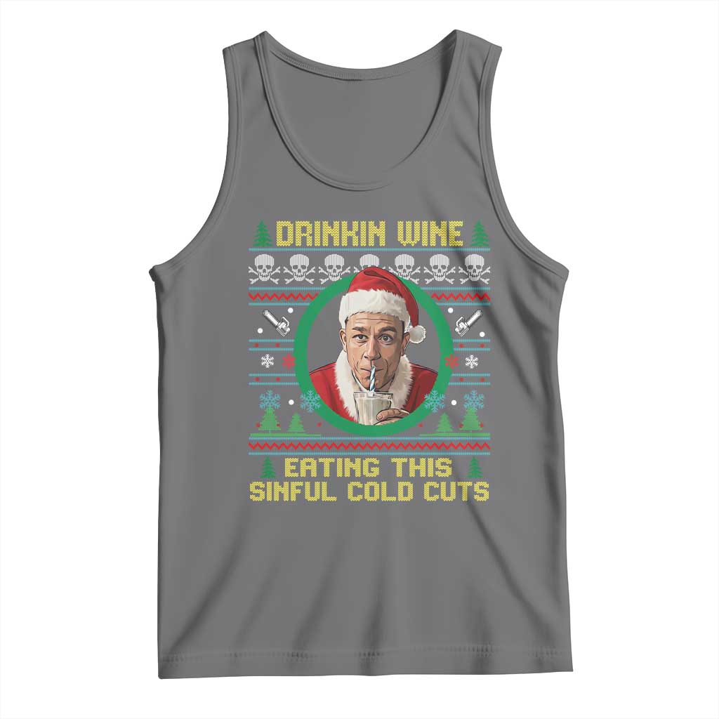 Funny Ed Gein Horror Christmas Meme Tank Top Drinking Wine Eating This Sinful Cold Cuts Viral Scene TS02 Black Heather Print Your Wear