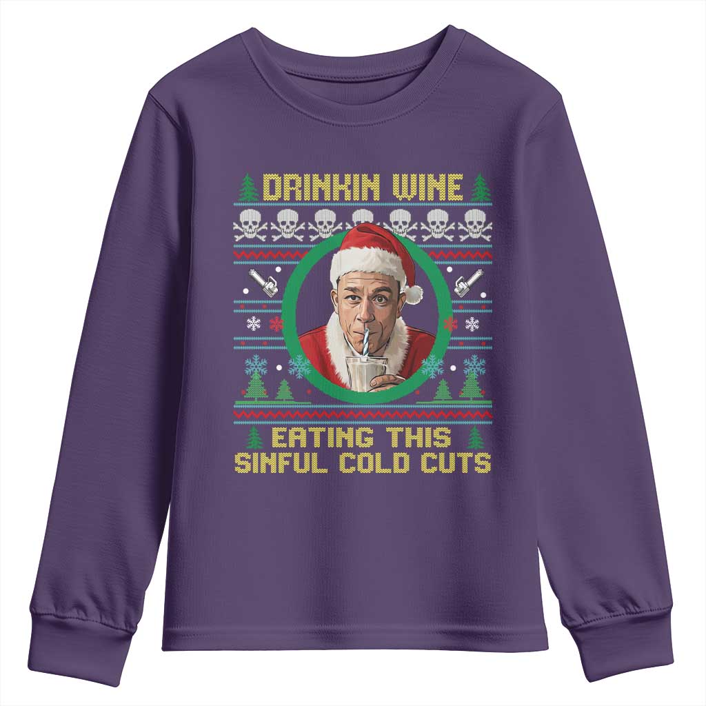Funny Ed Gein Horror Christmas Meme Youth Sweatshirt Drinking Wine Eating This Sinful Cold Cuts Viral Scene TS02 Purple Print Your Wear