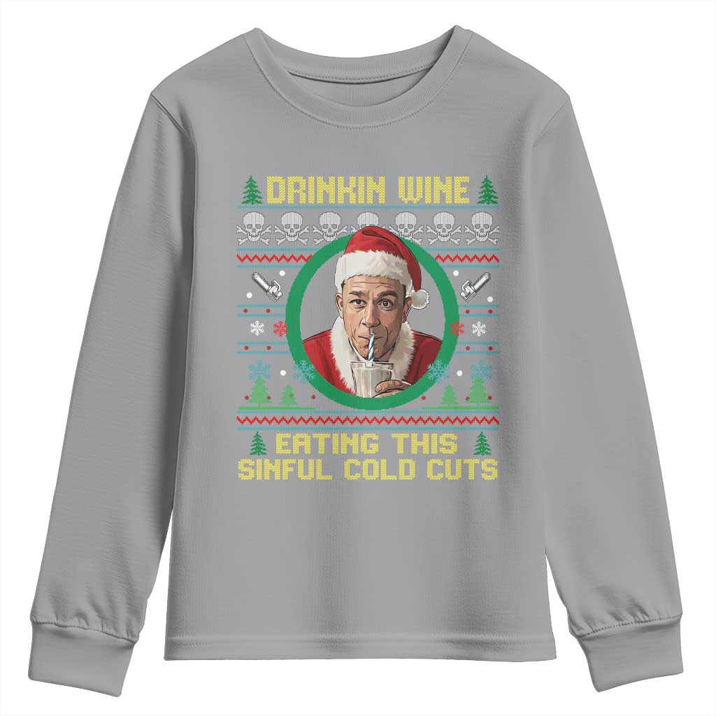 Funny Ed Gein Horror Christmas Meme Youth Sweatshirt Drinking Wine Eating This Sinful Cold Cuts Viral Scene TS02 Sport Gray Print Your Wear