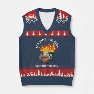 Funny Opossum Meme V-Neck Knit Sweater Vest It's Fine I'm Fine Everything Is Fine Dumpster Fire TS02 Navy Red Print Your Wear