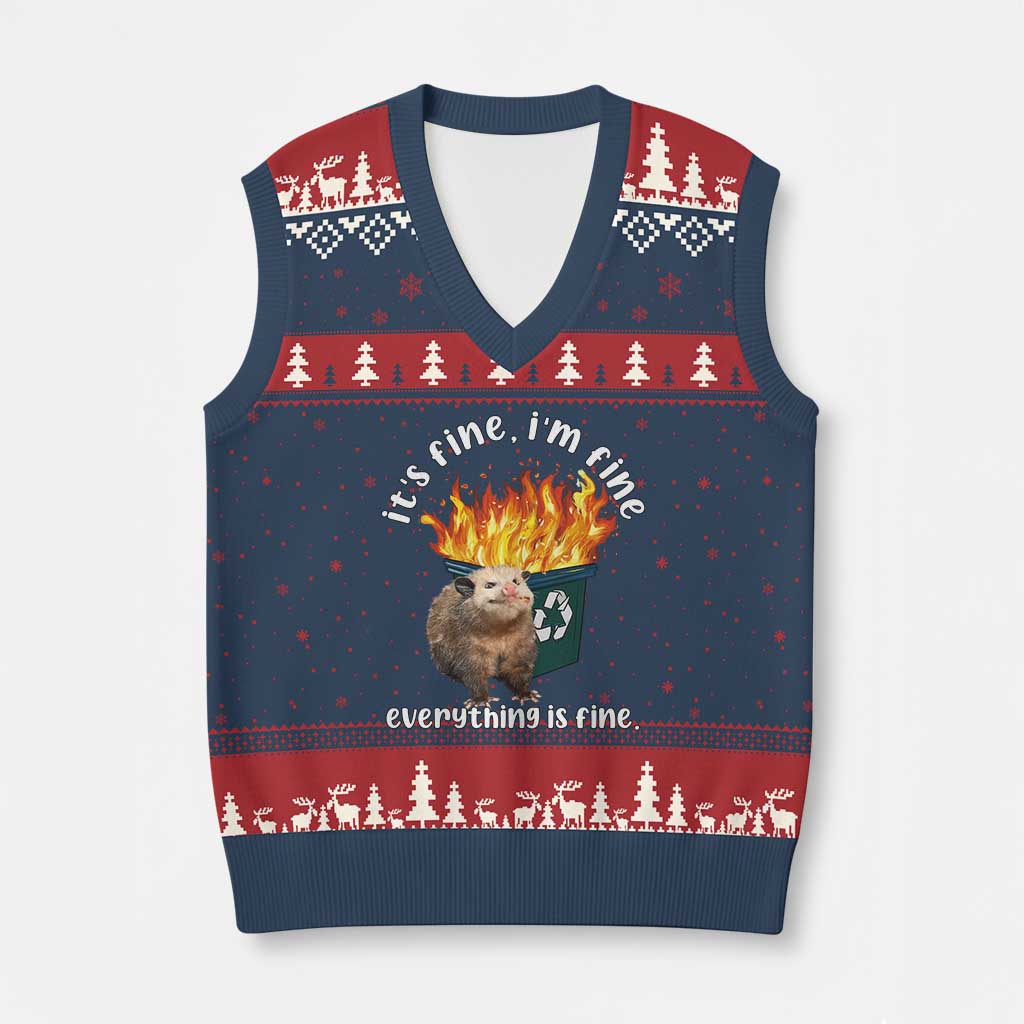 Funny Opossum Meme V-Neck Knit Sweater Vest It's Fine I'm Fine Everything Is Fine Dumpster Fire TS02 Navy Red Print Your Wear