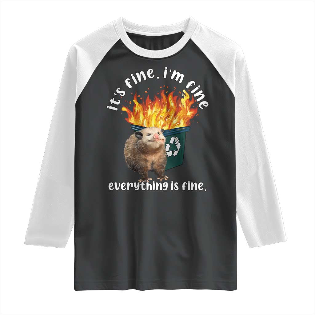 Funny Opossum Meme Raglan Shirt It's Fine I'm Fine Everything Is Fine Dumpster Fire TS02 Black White Print Your Wear